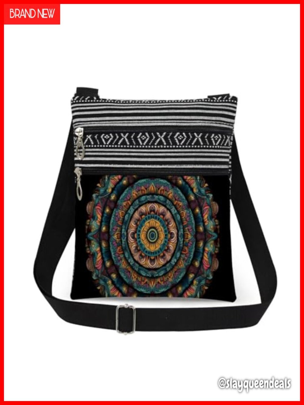 Mandala Print Crossbody Bag Adjustable Strap Double Layer Zip Messenger Purse
